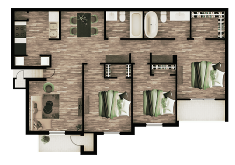 A floor plan of a house with a kitchen, living room, and two bedrooms.